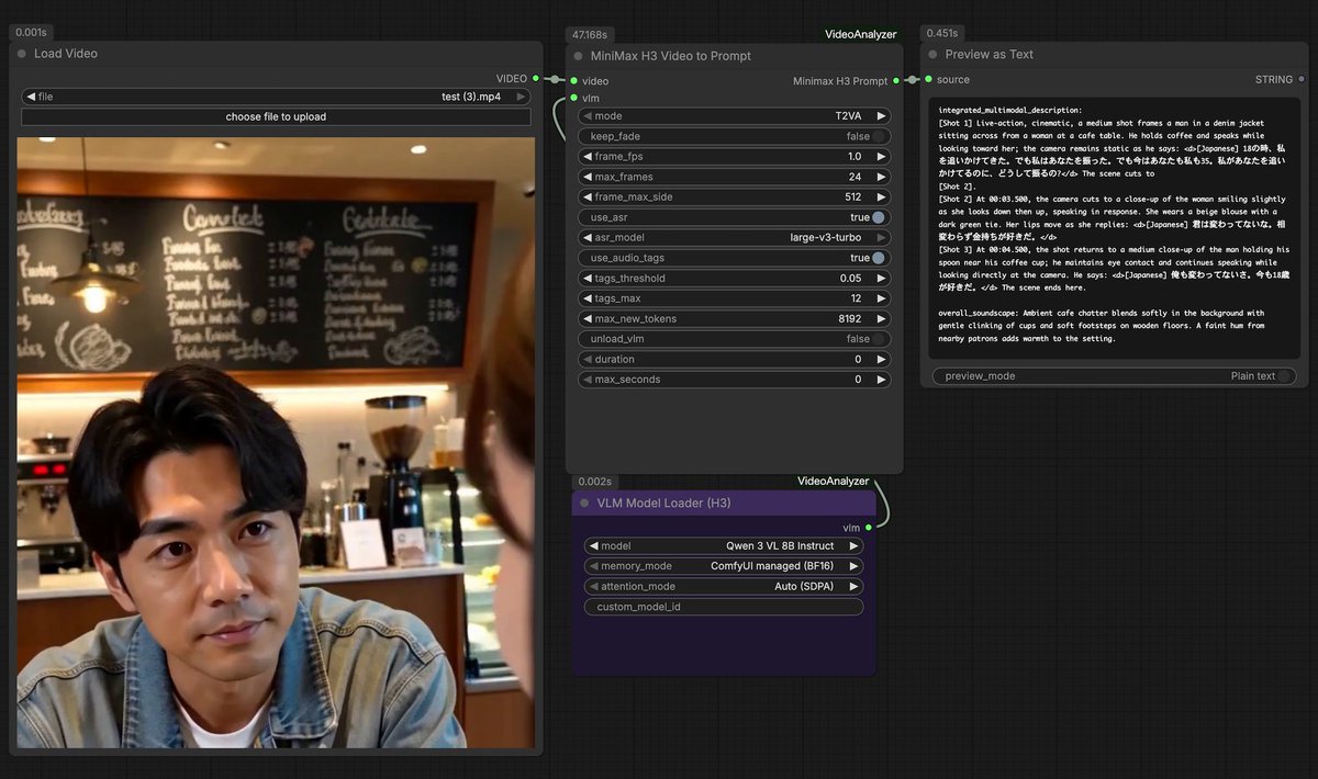 PhotogenicWeekE's tweet photo. 動画からMiniMax H3/LTX Prompt生成のvideo-analyzer、aroslanov氏がComfyUIのカスタムノード作ってくれました♪モデル自動DLなので手間かかりません。本家も含め字幕があると誤作動するissue入れてますが(本家修正済み)、普通の動画なら問題ありません。是非！
https://t.co/lVCC1djlgf https://t.co/nNwHQlJHqP
