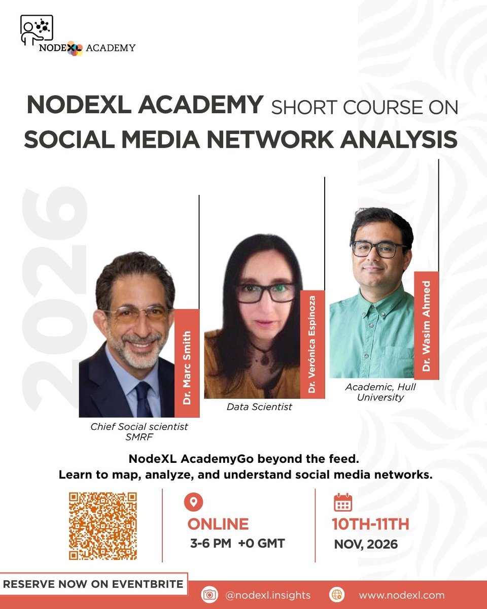 nodexl's tweet photo. Don’t just study the conversation. Map it.

Join the NodeXL Academy Short Course and learn how to turn social media data into network insights.

November 10–11, 2026
Register Now: https://t.co/dS8wqSueU8
Free 1-month NodeXL license upon completion.

#NodeXL #socialmediaanalysis https://t.co/B0JAdw3K7Q