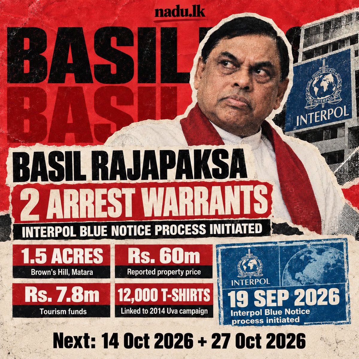 Nadulkweb's tweet photo. 🚨 2 arrest warrants 🏠 1.5 acres, Brown’s Hill 💰 Rs. 60m reported property price 👕 Rs. 7.8m + 12,000 T-shirts 🌐 INTERPOL Blue Notice process initiated

The current legal picture around Basil Rajapaksa. Allegations remain before court. 

#SriLanka #LKA #BasilRajapaksa https://t.co/0Bm9j7GNz4