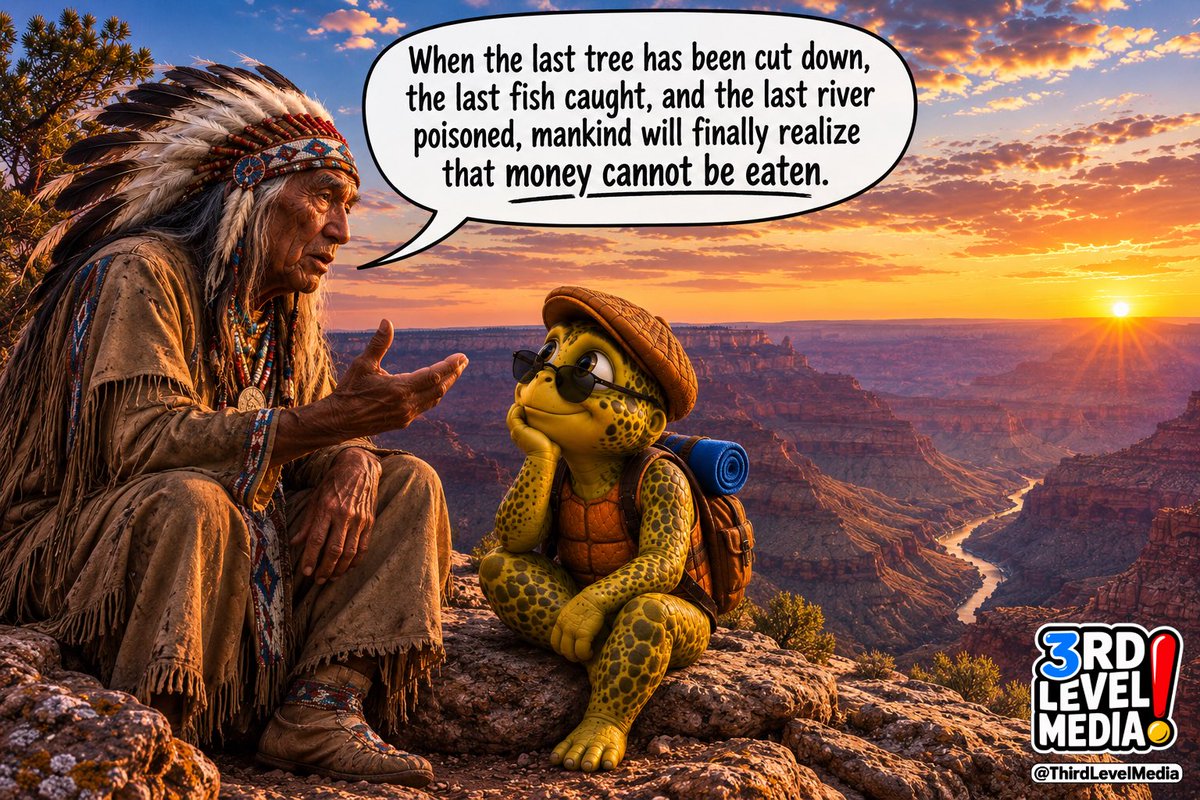 ThirdLevelMedia's tweet photo. When the last tree has been cut down, the last fish caught, and the last river poisoned, mankind will finally realize that money cannot be eaten.

#ThirdLevelMedia #SergeTheTurtle #NativeIndian #Wisdom #Money https://t.co/8A22LXHJaW