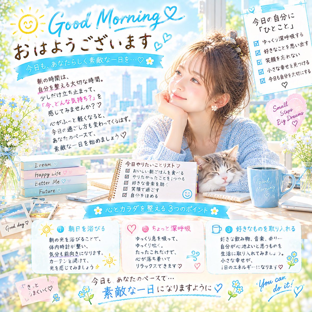 dbs_future's tweet photo. おはようございます☀️🩵

朝のほんの少しの時間、
自分を整える時間をつくろう🌿

深呼吸したり、
好きな音楽を聴いたり🎧

小さな幸せをひとつ見つけるだけでもOK😊✨

今日も自分のペースで、
素敵な一日を🌸

#おはよう #自分を大切に #小さな幸せ #自分らしく #朝活 https://t.co/EXHw2kwiue