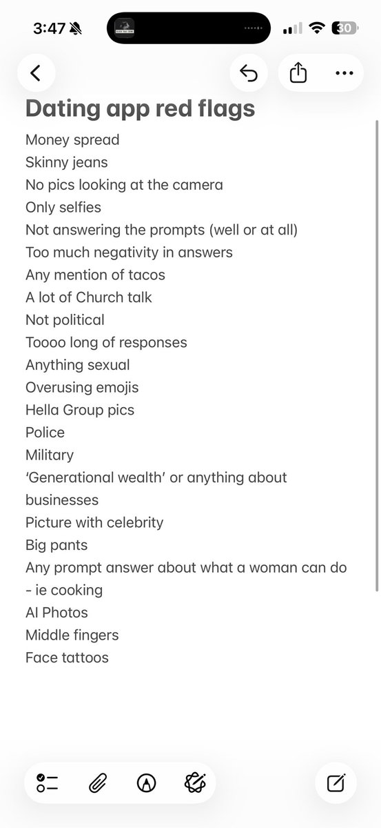 55mmbae's tweet photo. My dating app red flag list got ppl in a tizzy on threads 💀 https://t.co/wEgeUAPs1J