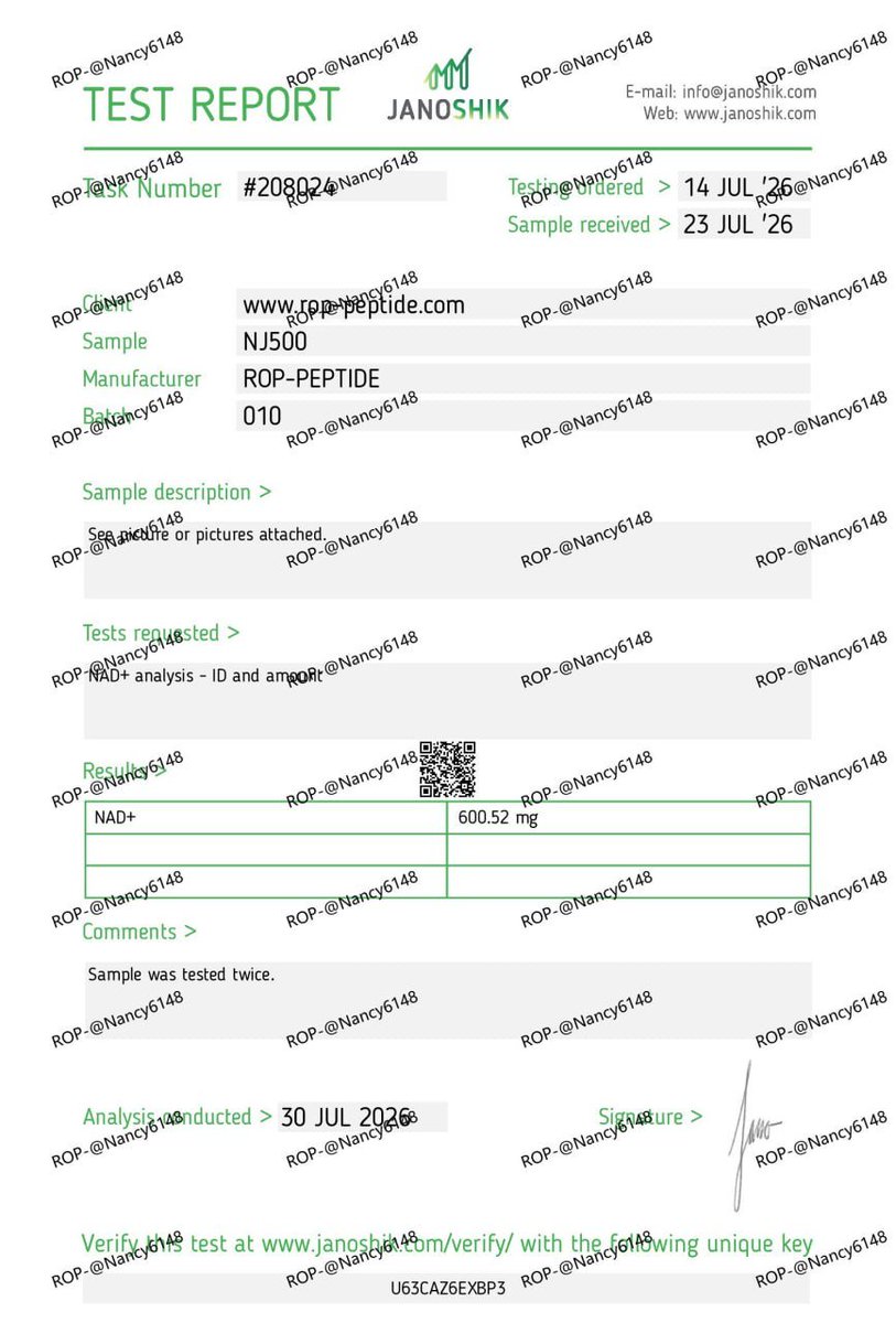 Peptidenancy's tweet photo. Third-party testing for NAD+.

NJ500 result:
• NAD+: 600.52 mg

The sample was tested twice by Janoshik and the report is independently verifiable.

Join our new telegram group:
https://t.co/UDqnjeKVEu

WhatsApp Contact: https://t.co/XTLePmrzUx

For laboratory research use only. Not for human or veterinary use.