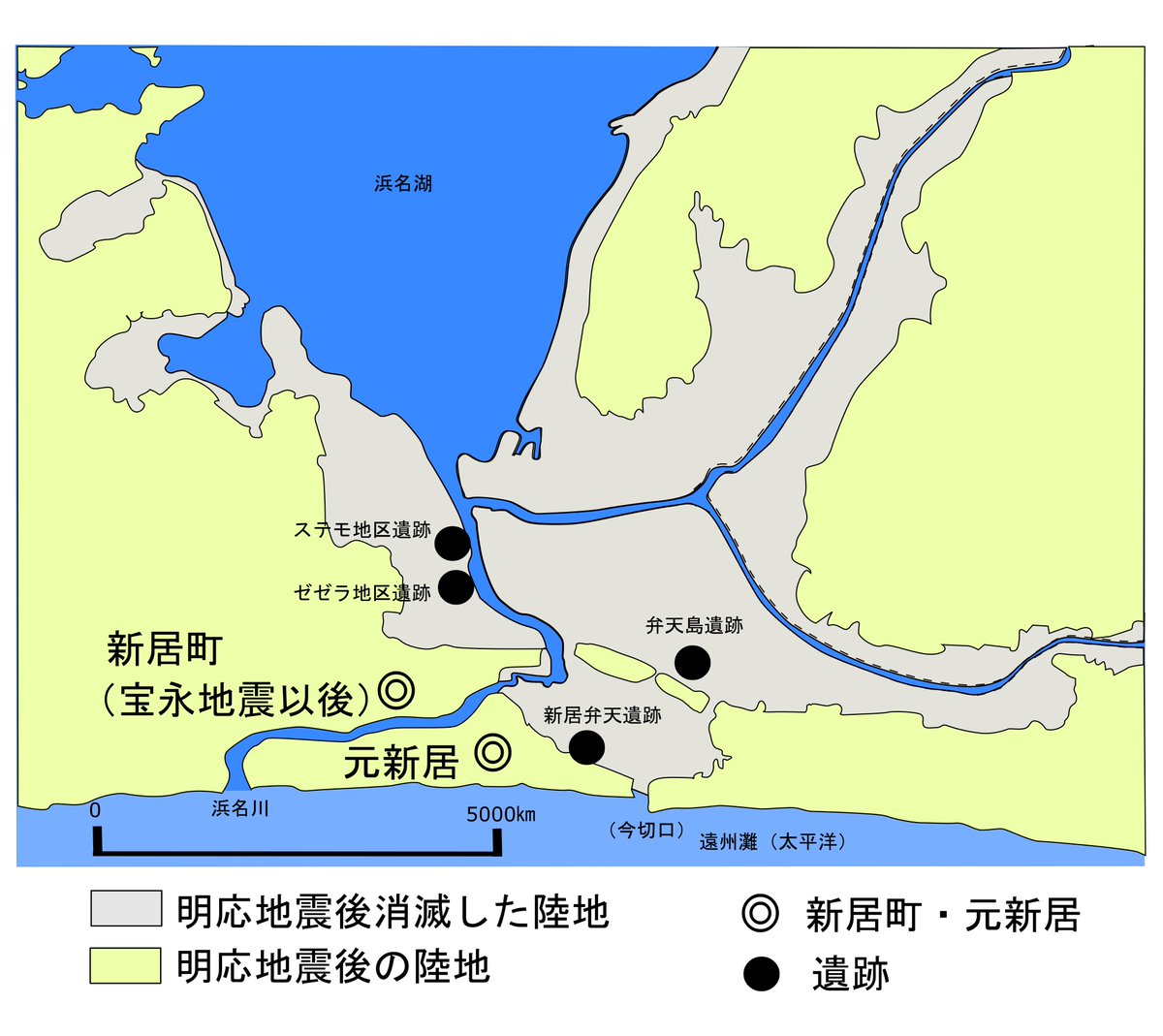JAEEGAKKAI's tweet photo. 140字解説・地震工学696　今切(いまぎれ)口
1498年明応地震の大津波で、浜名湖周囲の陸地が消滅してできた水辺。岸がえぐられ湖が1km近く拡大(グレー)。海につながり今日の形になりました。遺跡の分布から、水没した大型集落も多数と推定されます。
https://t.co/TwYzig8Bk4 https://t.co/mZrWBbZoA4