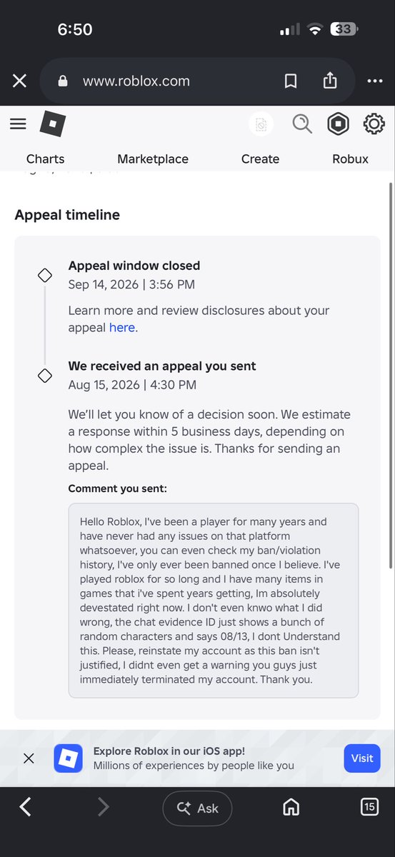 sentrygone's tweet photo. Who else submitted an appeal a while ago and still haven’t heard back from Roblox regarding their false ban? It’s personally been over a month for me and now I’m missing out on the cool event. 

#roblox #robloxbanwave @Roblox @Roblox_RTC @RobloxCreators 

Username: S3NTRYGUN https://t.co/o5Ft1AxJJc