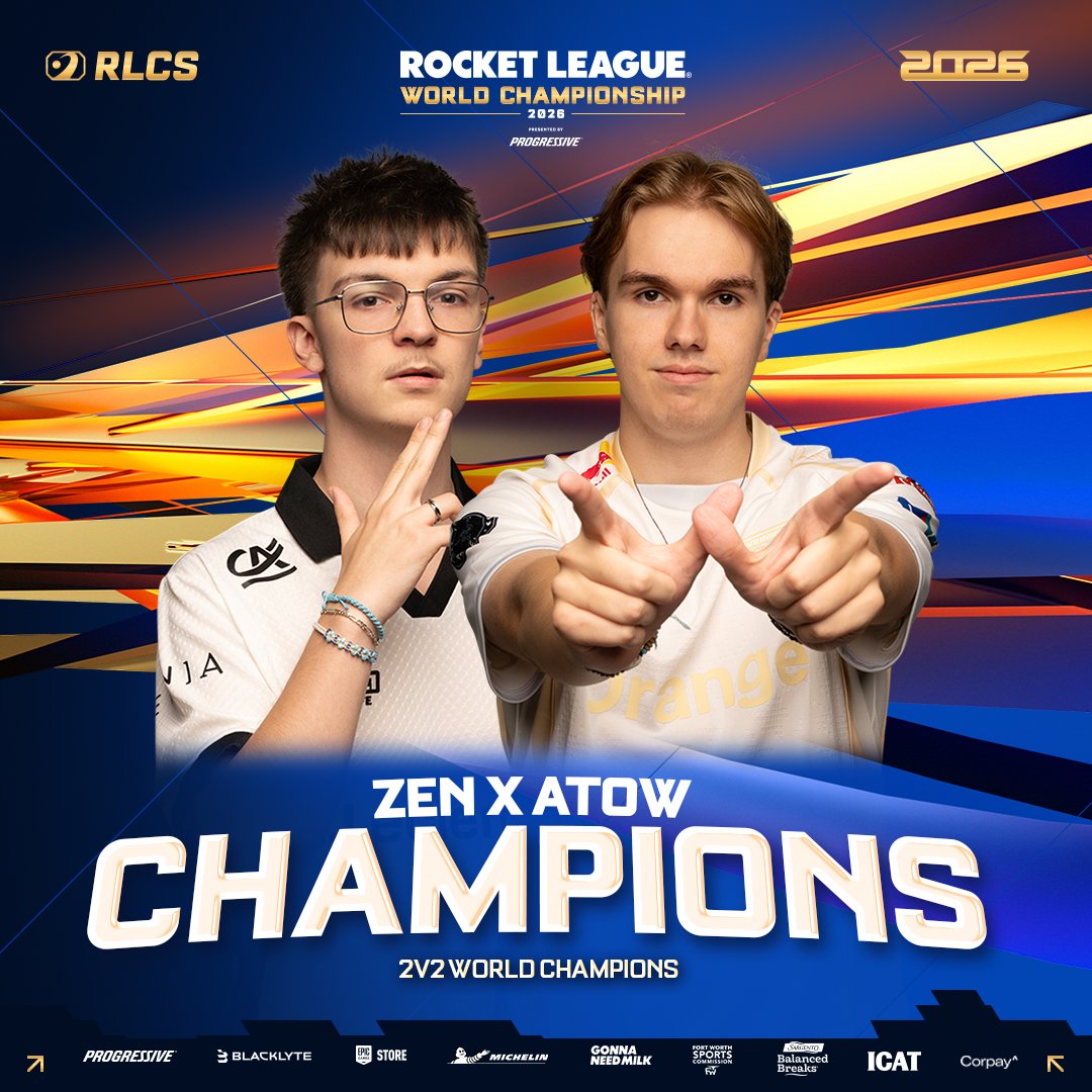 RLEsports's tweet photo. 2v2 CHAMPIONS OF THE WORLD 🏅🏅🏅🏅

🥇 @zenrll 
🥇 @AtowRL https://t.co/7HngGWo9cJ
