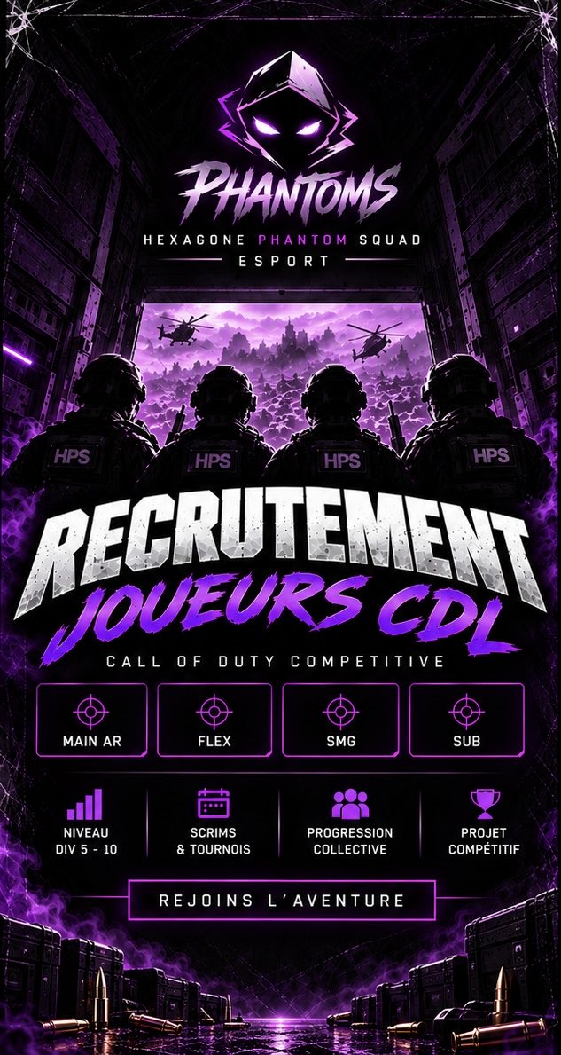 hpsesport's tweet photo. 🟣⚫ RECRUTEMENT CDL - JOUEURS

La HPS - Hexagone Phantom Squad, structure esport portée par une association loi 1901, recrute des joueurs CDL sur MW4 afin de compléter et consolider son roster compétition.

Nous recherchons des joueurs motivés souhaitant s’investir dans un véritable projet compétitif, avec pour objectif principal de progresser en League, entre les divisions 5 et 10, mais également de participer à des scrims et tournois. 🏆

🎯 Profils recherchés :

- Niveau correspondant aux divisions 5 à 10 en League
- Bonne expérience de Call of Duty compétitif
- Disponibilités régulières pour entraînements, scrims, League et tournois
- Bon game sense et bonnes prises de décision
- Communication, discipline et esprit d’équipe
- Capacité à accepter les remarques et à se remettre en question
- Motivation pour progresser individuellement et collectivement
- Réelle envie de s’investir dans un roster sur le long terme

En rejoignant Hexagone Phantom Squad, vous intégrez une structure esport organisée et encadrée, avec un staff, un suivi du roster et un véritable projet compétitif.

🔥 Nous ne recherchons pas simplement des joueurs pour compléter une équipe : nous recherchons des personnes motivées, disponibles et prêtes à s’investir dans un collectif pour progresser ensemble.

⚔️ Sélection sur candidature suivie d’une période de try-out.

📩 Intéressé ? Contacte-nous en MP avec ton profil, ton rôle, ton niveau/ta division, ton expérience compétitive et tes disponibilités.

#HPSEsport #CallOfDuty #CDL #CODCompetitive #MW4