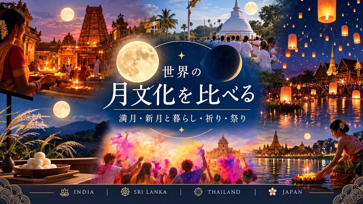 massage10's tweet photo. 満月と新月
世界ではどう過ごす⁉️

#インド では満月 #新月が
祭礼や祈りの節目となり

#スリランカ では
毎月の #満��� が祝日に

#タイ では
月齢に合わせて寺院で祈り
ロイクラトンでは
満月の夜に灯籠を水へ

そして #日本 には
十五夜 十三夜 月待ち🌔

世界の月文化 
https://t.co/uBI5RQjDc4 https://t.co/KpYhZrkBaj