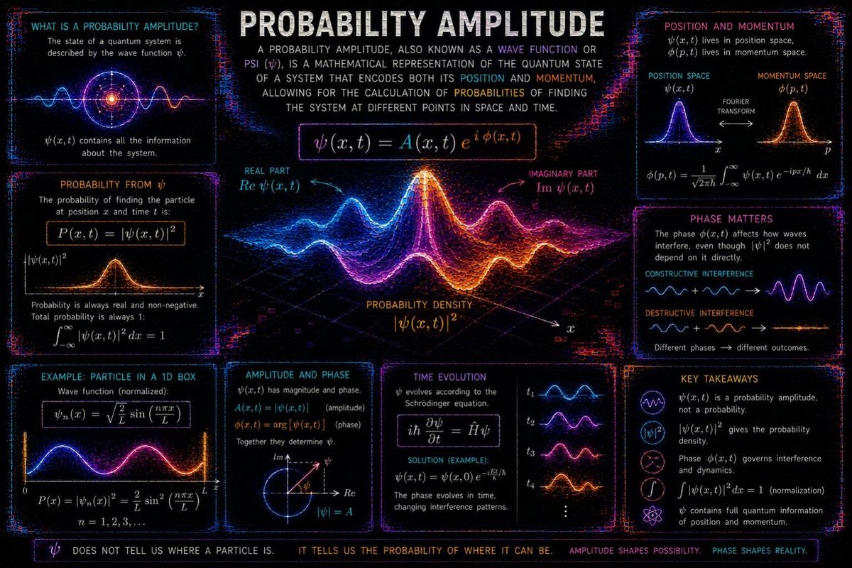 0xJiuJitsuJerry's tweet photo. Day 13 — Probability Amplitude

Quantum probability begins before measurement.

A probability amplitude is not a probability it is a complex value whose squared magnitude tells us what we may observe.

The strange part: amplitudes can interfere, reinforce, or cancel each other.

What looks uncertain at the surface may follow precise mathematical rules underneath.

What would you want a quantum computer to make more probable?

#QuantumComputing #QuantumTheory