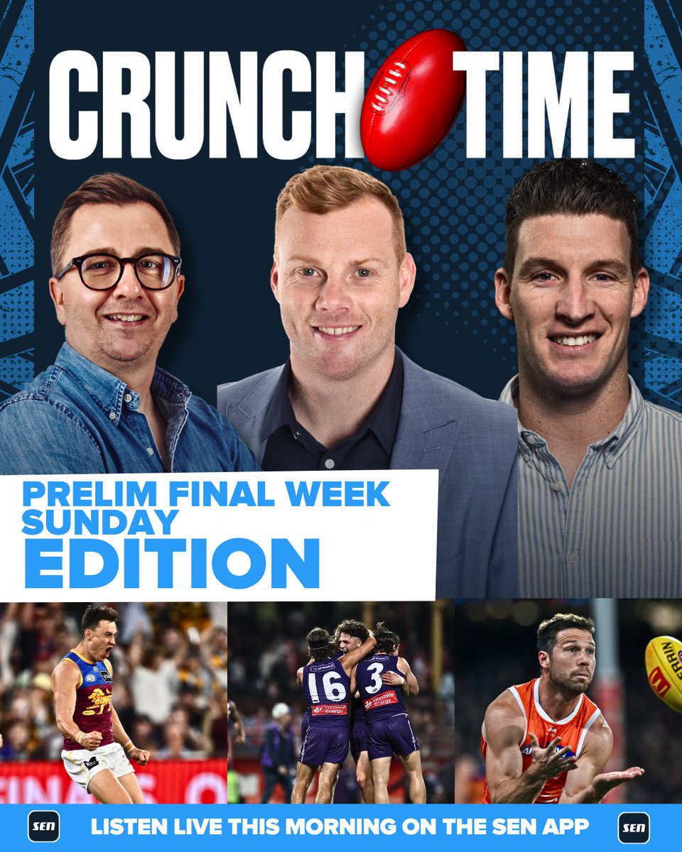 1116sen's tweet photo. So about last night...
MASSIVE Sunday Crunch Time coming up at midday with @JoshJenkins24 @camluke and @Adamcooney17
Full breakdown of two wild Prelims and @brisbanelions GM of Footy Danny Daly will join the boys as the Lions book their fourth straight Grand Final. https://t.co/OsDzLqdMlp