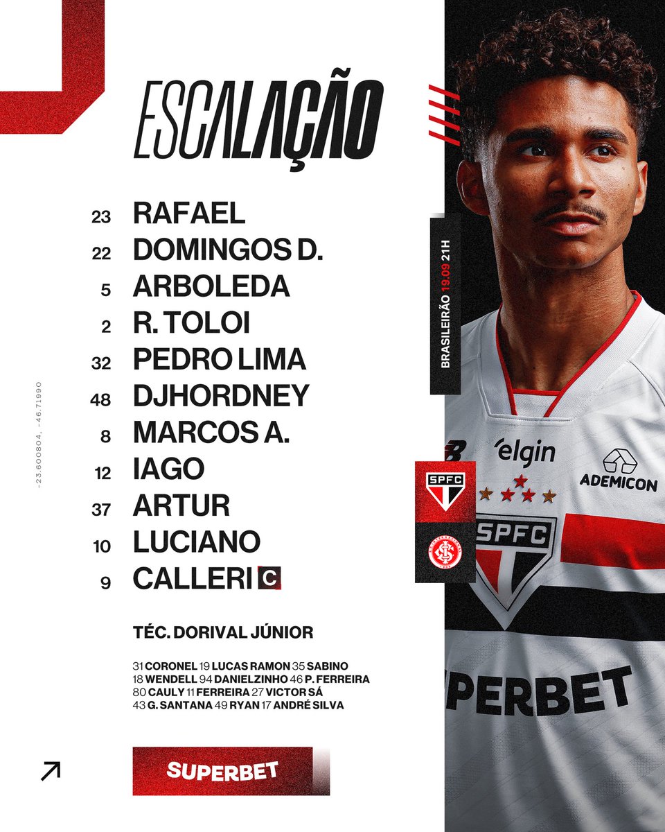 SaoPauloFC's tweet photo. 🇾🇪 O Tricolor está escalado!

⚽ São Paulo x Internacional
🏟️ MorumBIS 
⏰ 21h
🏆 Brasileirão (28ª rodada) 

📺 Sportv e Premiere
🎙️ SPFC Play

#VamosSãoPaulo 🇾🇪 https://t.co/pJfLPrWoEh