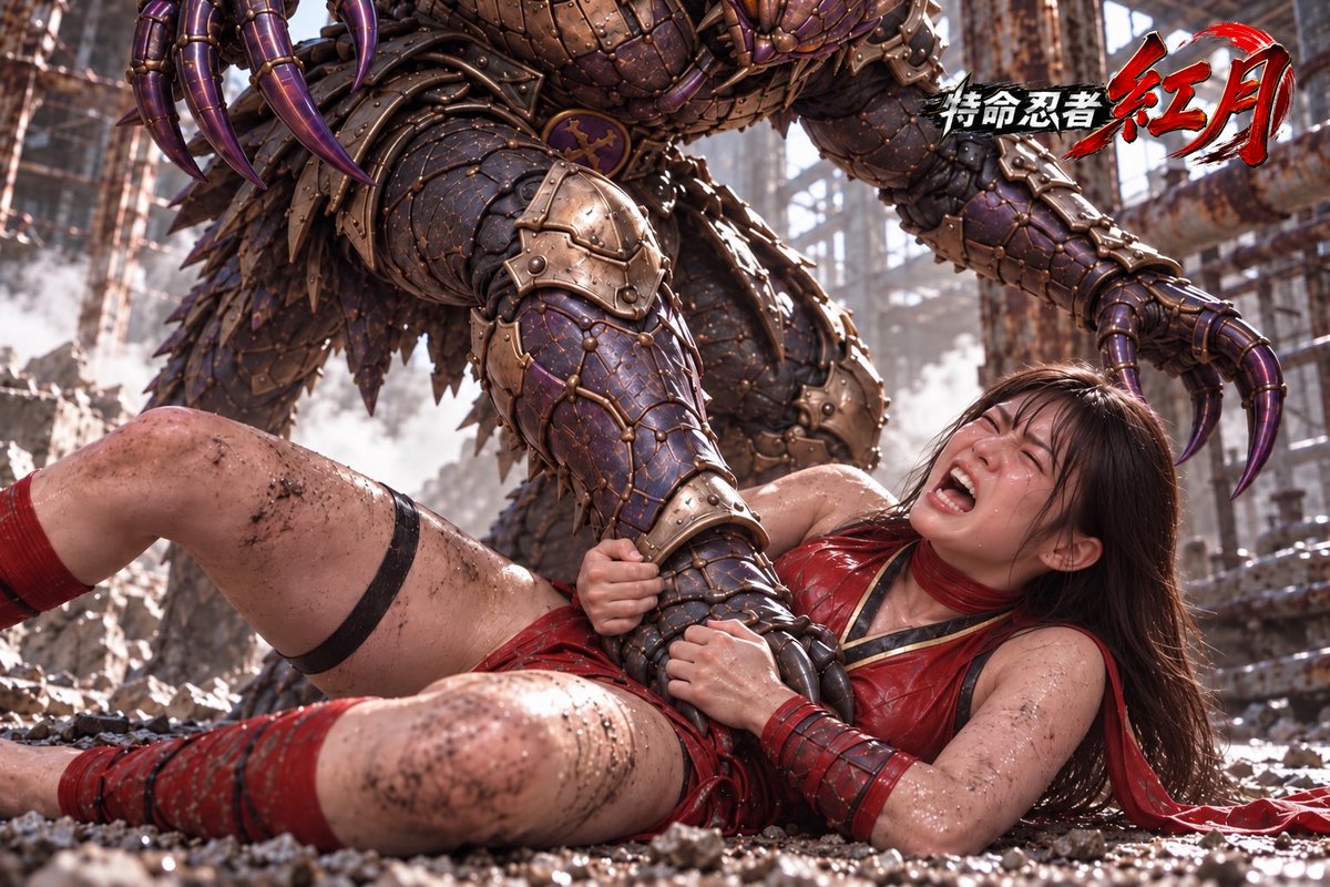 gomphokoga73's tweet photo. 妖魔怪人の怪力に押し倒される紅月！必死に両手で抵抗するが、怪人は容赦なく正義のくノ一の腹を押し潰す…負けるな紅月！ 
#ヒロピン #ヒロインピンチ #リョナ
#くノ一 #くのいち https://t.co/SMN2BzRIGz