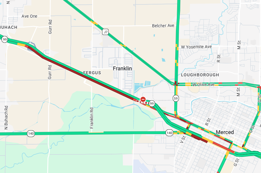 CaltransDist10's tweet photo. #TrafficAlert #Merced Overturned semi blocking all southbound lanes of SR-99 at SR-59. No ETO at this Time. Use https://t.co/EMk5sl6Wez for traffic information in real-time. Download the #Quickmap app. https://t.co/wP6JgvmoKV