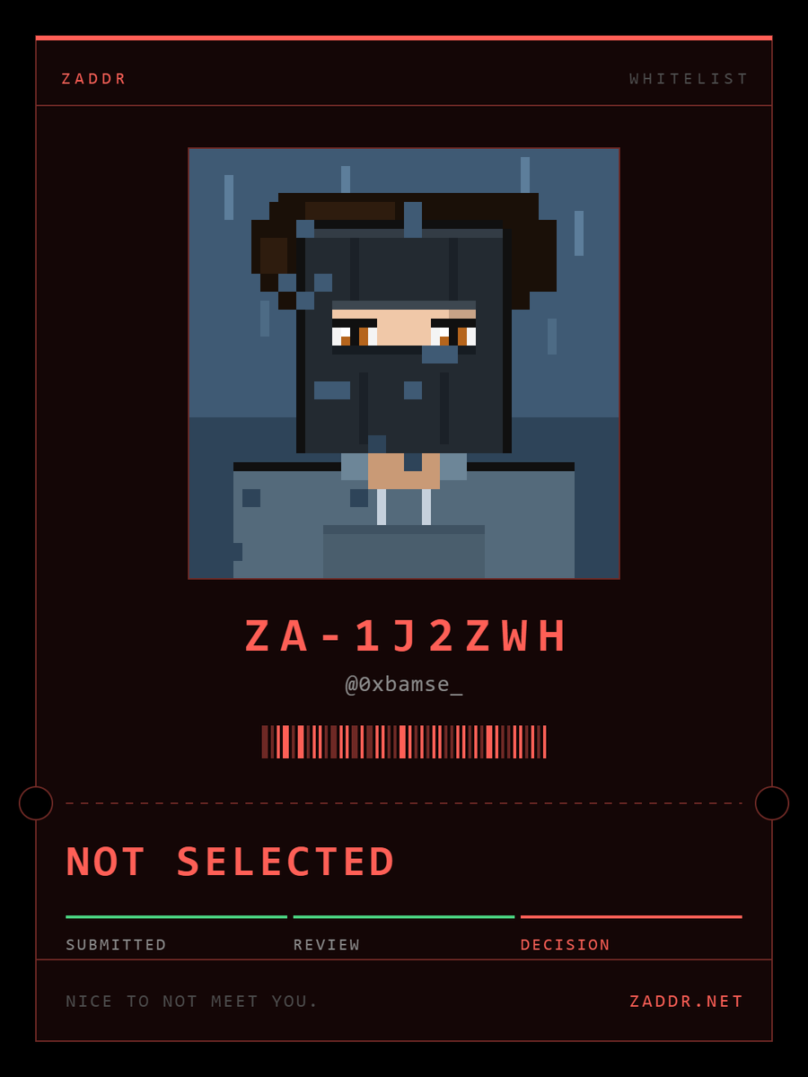 0xbamse_'s tweet photo. Applied for ZADDR 👀

Every face is public. Every owner isn't.

Whitelist closed. Mint is September 21. 🫡
https://t.co/jqbgcBS3Q0 https://t.co/7Ik1u1IZT8