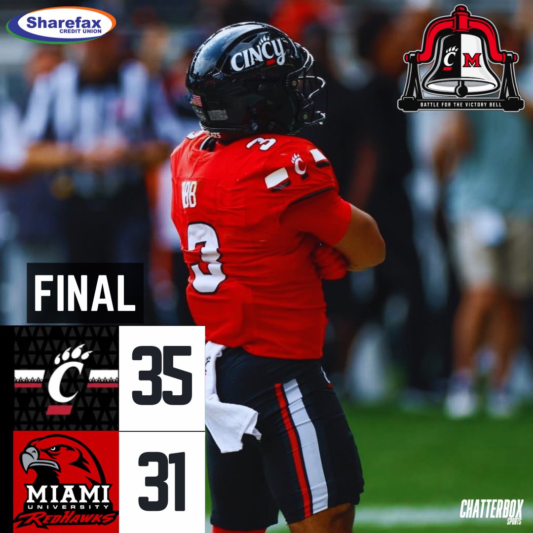 CBoxSports's tweet photo. CINCINNATI COMPLETES THE COMEBACK!!!

After trailing by 21 at halftime, the Bearcats stormed back to win the Battle for the Victory Bell! https://t.co/en0AFcxGbs
