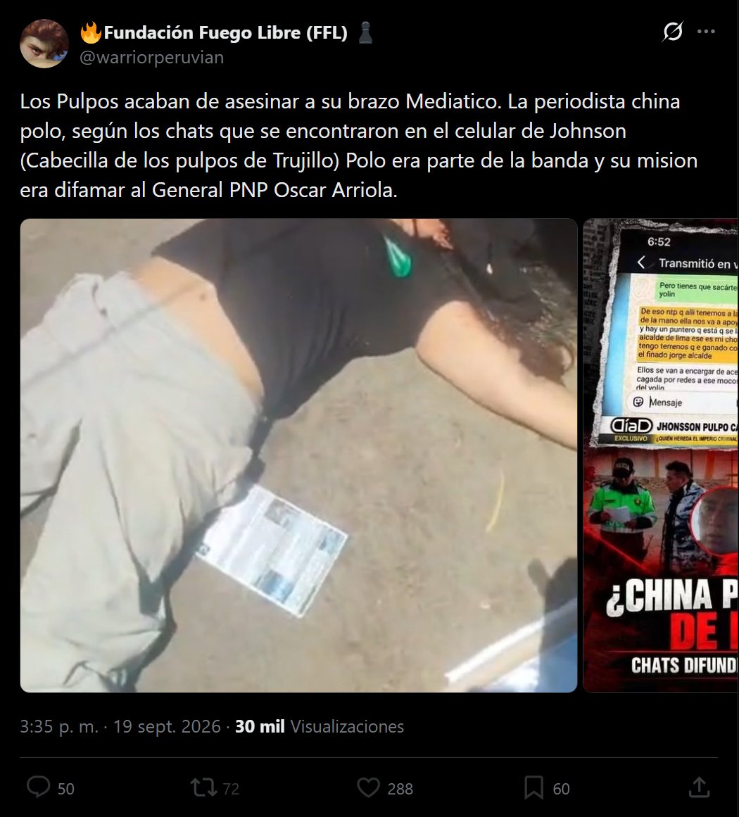 LiamInvestiga's tweet photo. Los bots de Keiko pasaron de defender a violadores a defender a asesinos.

Ahora la periodista asesinada era miembro de los pulpos encargada de difamar al exgeneral Arriola. https://t.co/yOsFoUww89