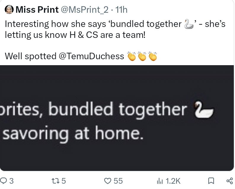 madis87681's tweet photo. So Markle thinks she's being clever with her swan emoji but what she hasn't taken into account is that since KC let the world know that they are private citizens they are watching their every move. He knows they have colluded with CS, of that there's no doubt... Tik toc Sussexes https://t.co/VfW9wCgBvm
