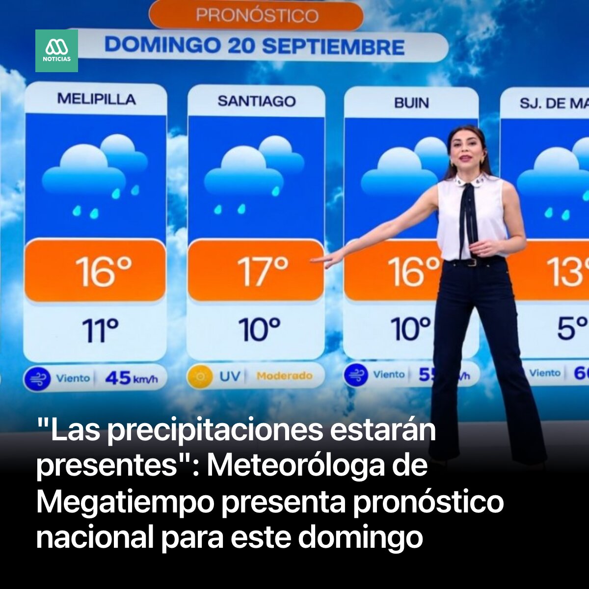 Mega's tweet photo. La meteoróloga de Megatiempo, Catalina Cortés, presentó su pronóstico del tiempo para todo el país este domingo 20 de septiembre. Detalló cómo avanzará un sistema frontal de sur a norte. https://t.co/G4nlCjhddg