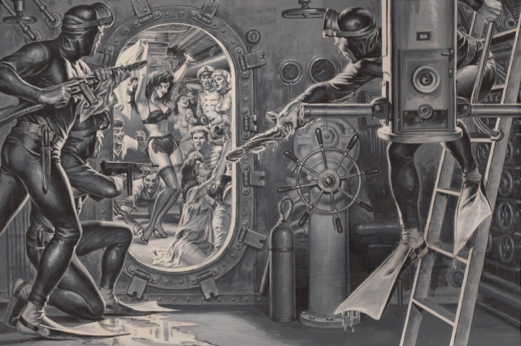 PulpLibrarian's tweet photo. "U.S. Frogmen Who Raided Mussolini's Underwater Call-Girl Barracks." Action Life, August 1963. Art by Earl Norem. https://t.co/g88pr3RJ8p