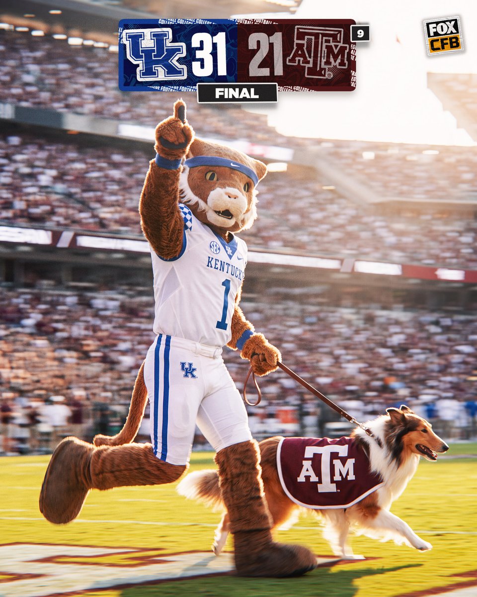 CFBONFOX's tweet photo. KENTUCKY WINS A THRILLING UPSET OVER NO. 9 TEXAS A&amp;M ‼️

@UKFootball https://t.co/mp7qInmFXa