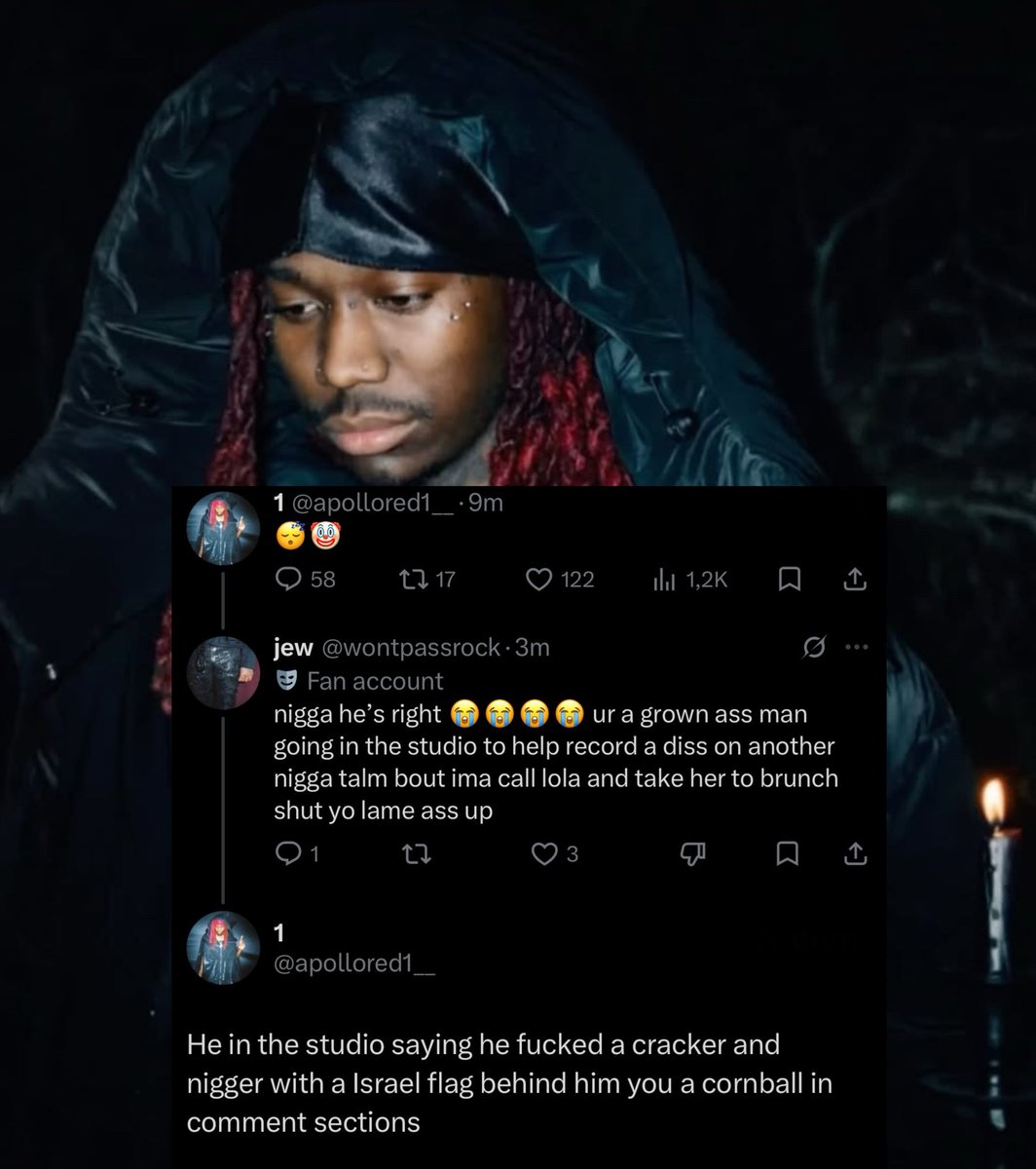lxlvsh0t's tweet photo. ApolloRed1 speaks via X

“He in the studio saying he fucked a cracker and nigger with a Israel flag behind him you a cornball in comment sections” https://t.co/UtCJKXLx0R