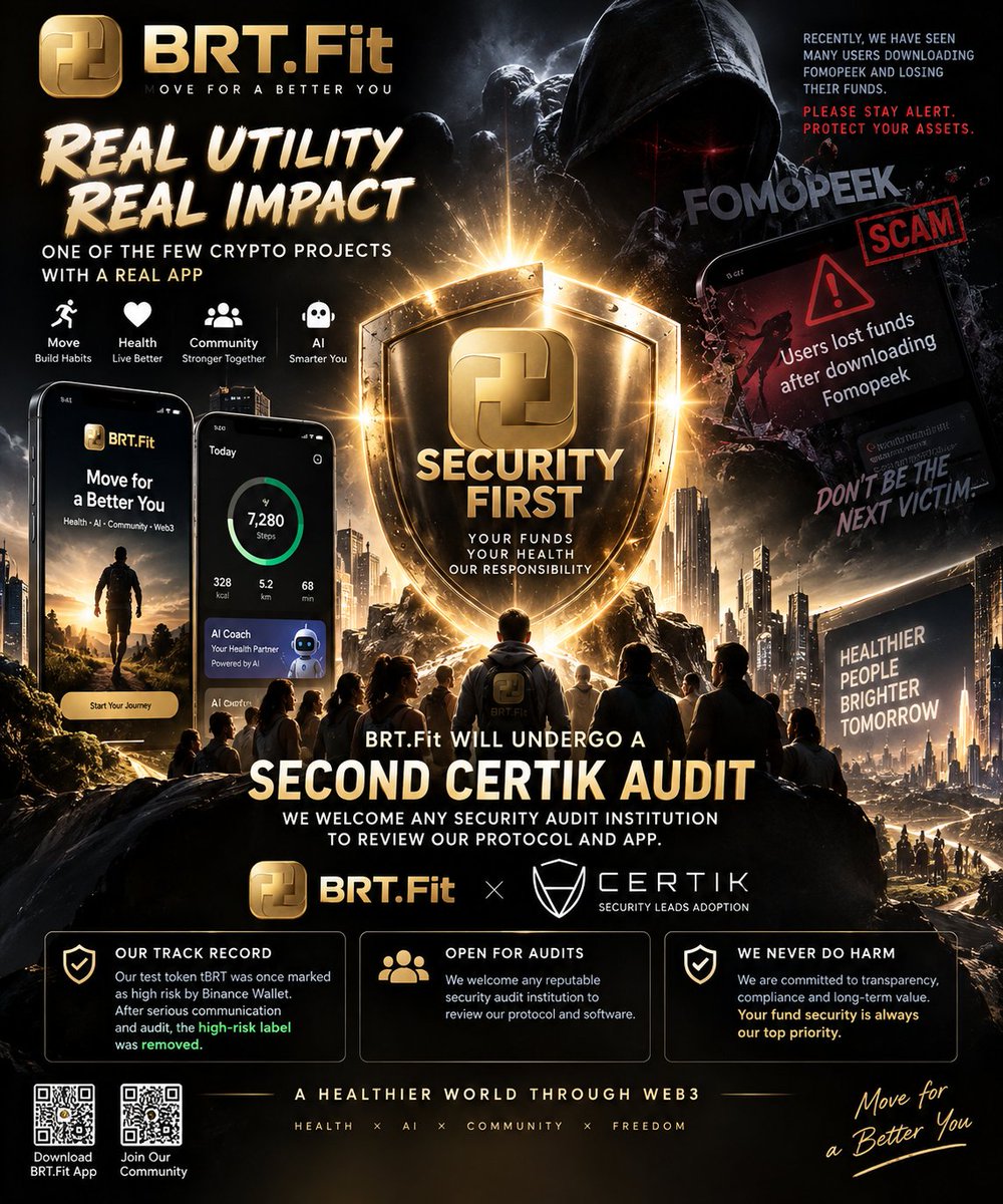 brtfit's tweet photo. At https://t.co/Opq6892yXC, security comes before growth.

After seeing recent security incidents across the market, we have decided to initiate our second CertiK audit.

We also welcome every reputable security company and white-hat researcher to audit https://t.co/Opq6892yXC.

Our test token tBRT was once flagged as high risk by Binance Wallet. After communication, review and verification, the label was removed.

We believe real Web3 products should be transparent, open to scrutiny, and responsible for user security.

We never fear audits.

We welcome them.

Security First. Users First. https://t.co/Opq6892yXC.