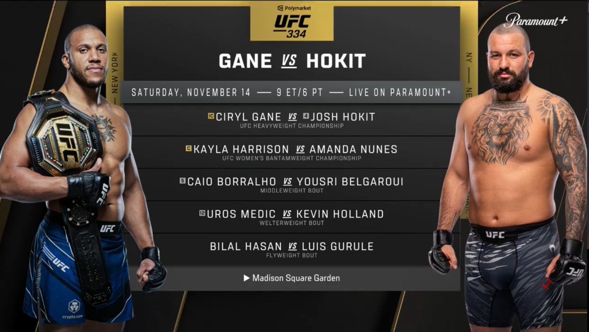 lthomasnews's tweet photo. UFC broadcast announces two big items:

1. Ciryl Gane IS the UFC heavyweight champ. They say Dana White misspoke.

2. They announced he's fighting Josh Hokit at MSG for UFC 334.

The full main card: https://t.co/SnZ3P8Xtq8