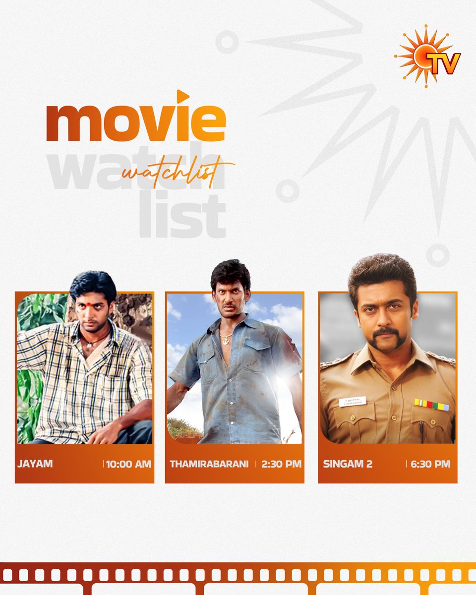 SunTV's tweet photo. Commercial coded Sunday! 🔥
JAYAM | TODAY | 10 AM
THAMIRABARANI | TODAY | 2.30 PM
SINGAM 2 | TODAY | 6.30 PM
#SunTV #Jayam #Thamirabharani #Singam2 #SunDigital https://t.co/zdOdKuFEr7