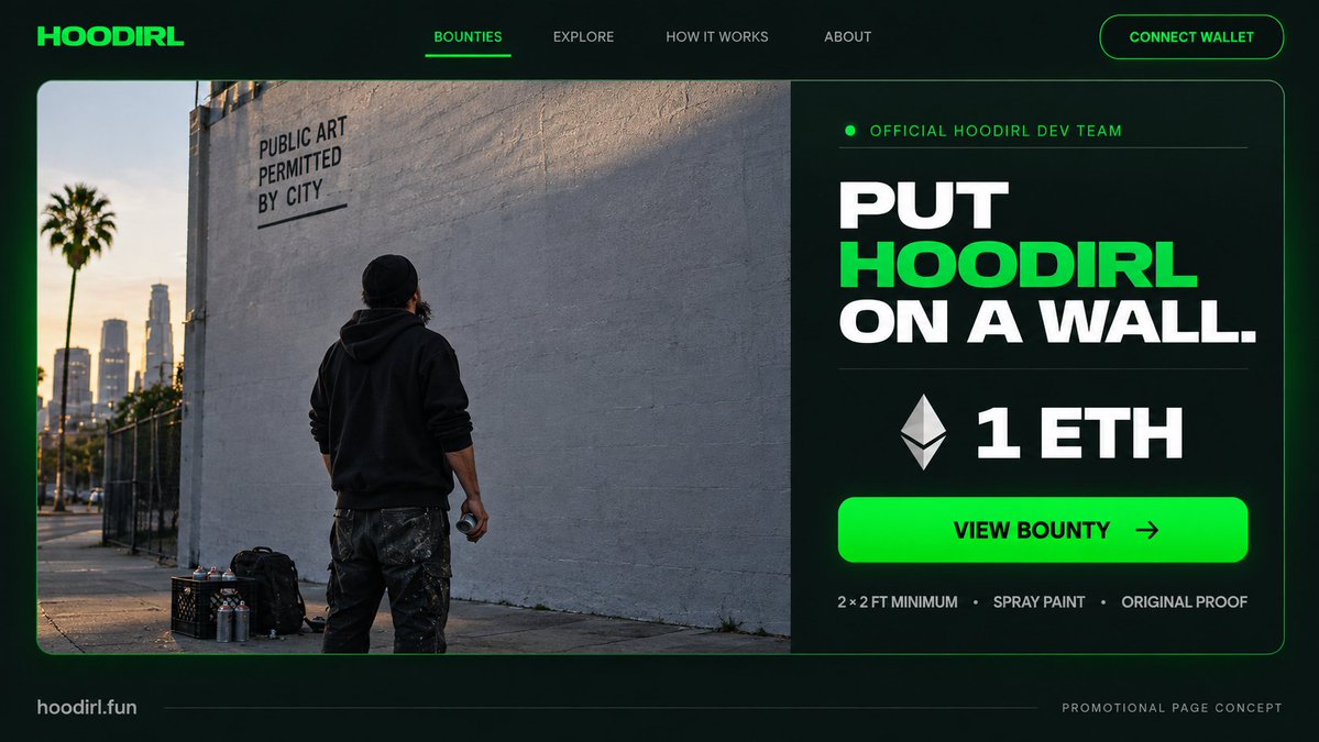 HoodIRLfun's tweet photo. The next DEV bounty is on the board: 1 ETH to the first $HOODIRL mural.

Make it at least 2 × 2 ft. Use spray paint, markers or anything else on a public wall.
 
Film the process, leave our ticker - no AI submissions.
 
First valid entry wins.

https://t.co/RWy7U6c0vv
0x583583a74a13e15d40ea2dab8c3a9895e073e4ea