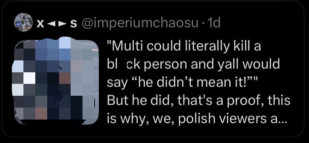 pinkglitterpee's tweet photo. yeah yall cant convince me multi fans arent miserable freaks. this got 2k likes before it was removed. @young_multi fuck your shitty fandom &amp; your inability to do absolutely anything useful ever. you’ve proven you see fandom shit all the time, but its crickets for blatant racism? https://t.co/Fg8qGNpusL