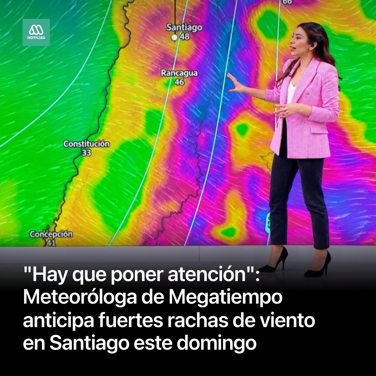 Mega's tweet photo. Catalina Cortés anticipó que el viento aumentará durante la tarde de este domingo en Santiago, con rachas que podrían alcanzar entre 43 y 48 km/h, producto de un sistema frontal que también avanza con lluvias. https://t.co/NKSWyUVUXp