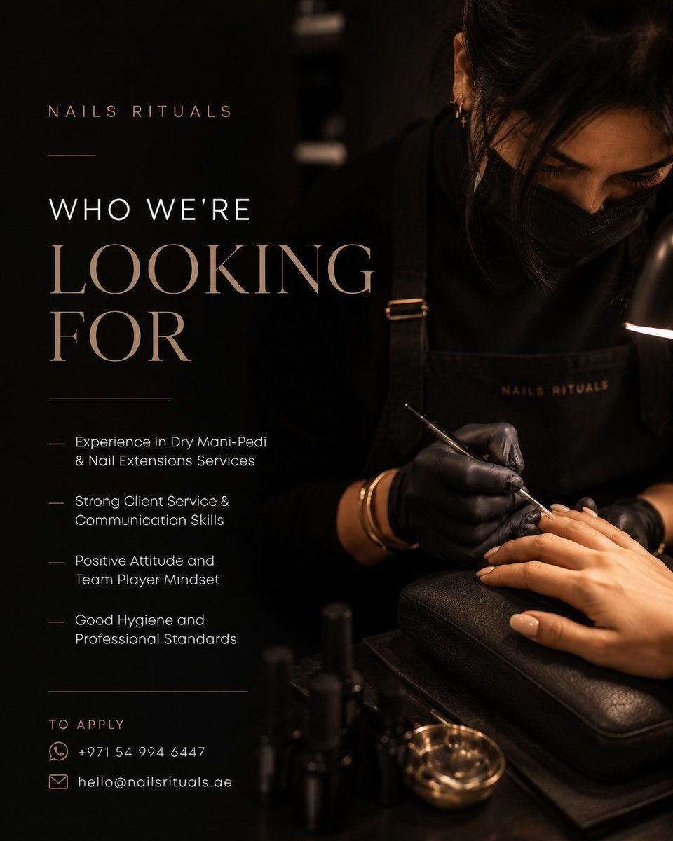 SherellDevajk's tweet photo. WE ARE HIRING ✨
At Nails Rituals, we believe beauty is in the details. We are looking for a skilled Nail Technician to join our growing team and become part of a salon that values professionalism, excellence, and exceptional client experiences. If https://t.co/dtnisSlxG0
