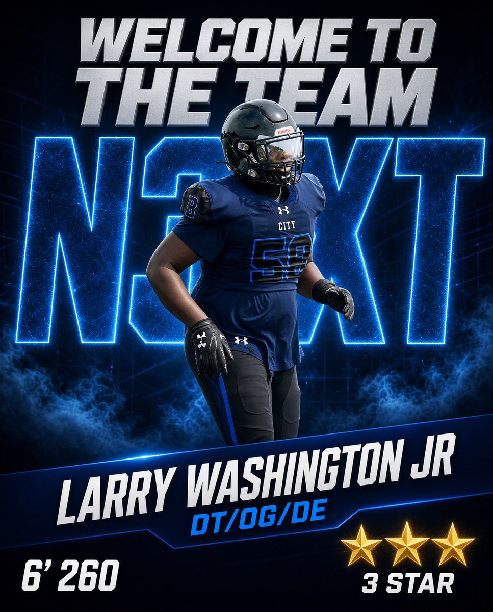 N3XTrecruiting's tweet photo. 🚨 Welcome to the team, Larry Washington Jr! @LarryWash58 

3-Star DT/OG/DE Larry Washington Jr (6’0 260) is officially joining the squad 🔥

We’re excited to add this strong, versatile trench warrior with great size, power, and motor. Ready to see you dominate in the trenches — clogging lanes at defensive tackle, rushing off the edge, and anchoring the offensive line at guard!