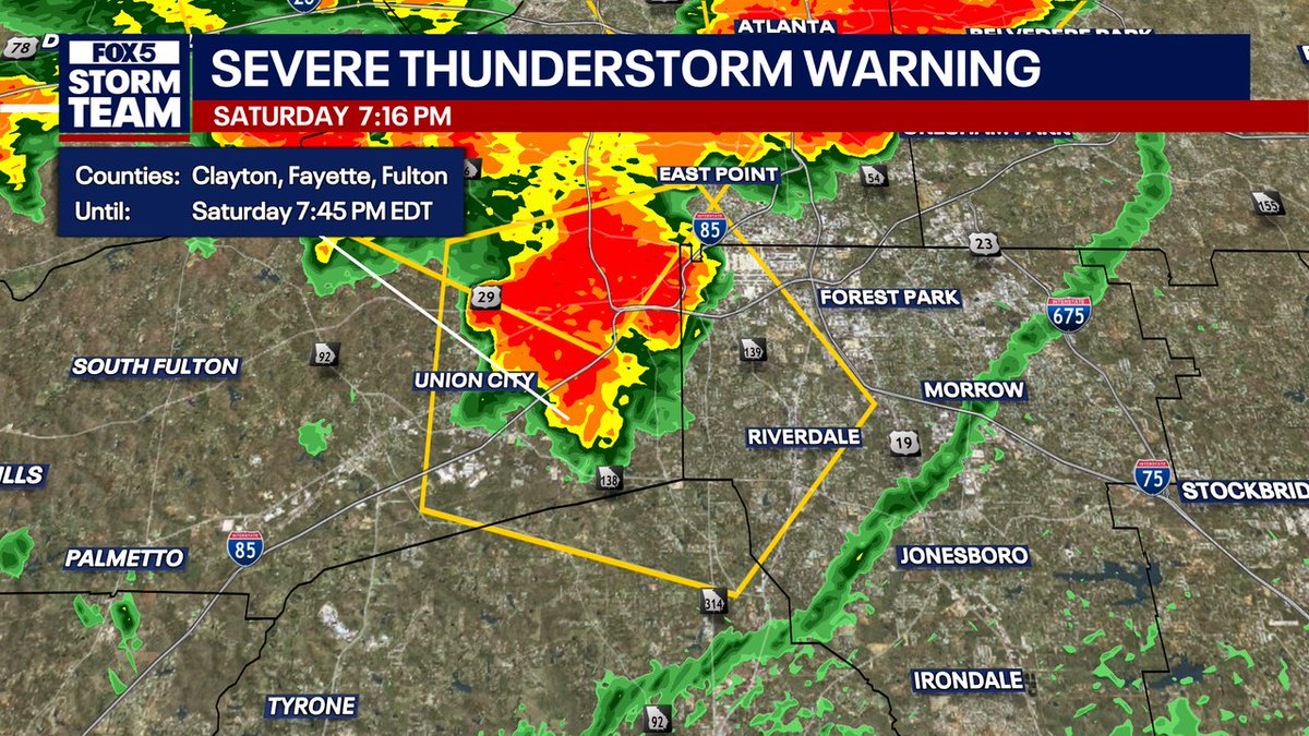 JoanneFOX5's tweet photo. A Severe T-Storm Warning has been issued for Fulton, Clayton, Fayette until 9/19 7:45PM. https://t.co/IRT8GCzue3