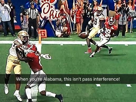 saintwarrick's tweet photo. Massive Bama penalty ignored at the end of a half. Where have we heard that before? https://t.co/RBixuSxsUt