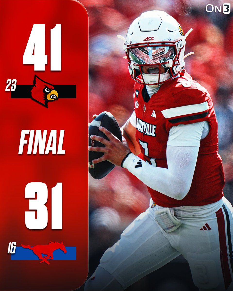 On3's tweet photo. Louisville beats SMU 41-31 in a top-25 ACC clash🔴⚫️

https://t.co/jMQF3L5TmC https://t.co/VvogzNdk95