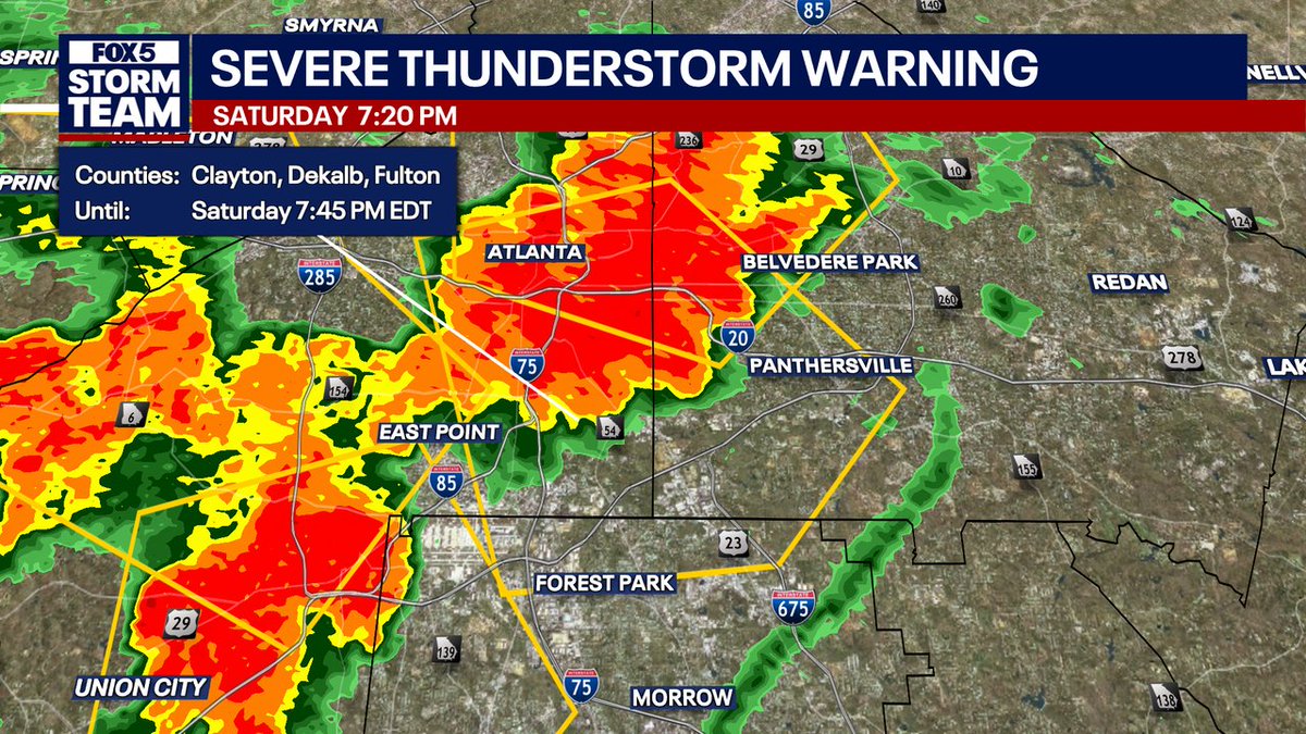 JoanneFOX5's tweet photo. A Severe T-Storm Warning has been issued for Fulton, DeKalb, Clayton until 9/19 7:45PM. https://t.co/Yqbl3OQybo