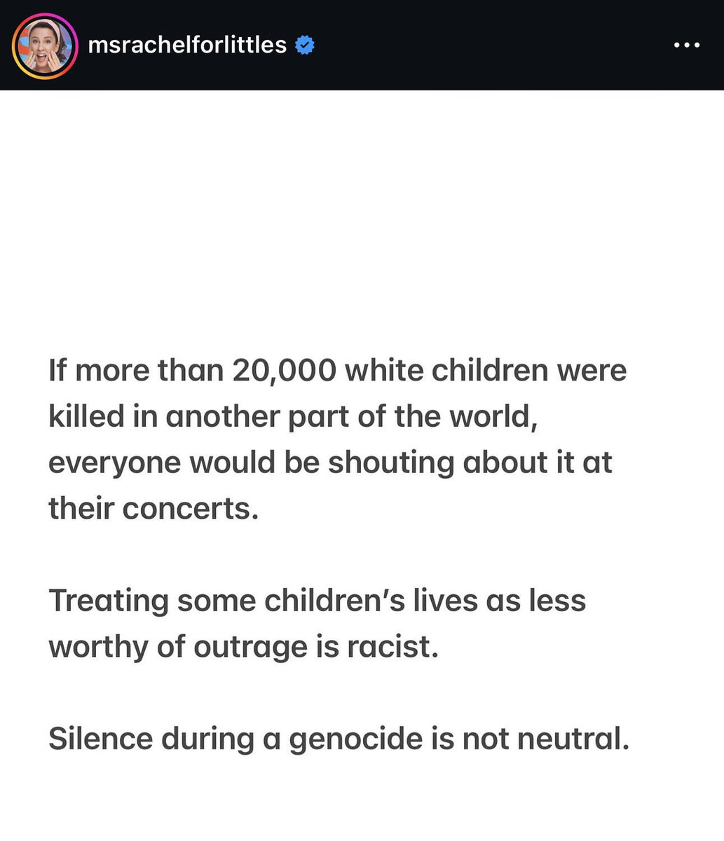 AssalRad's tweet photo. Ms Rachel: “Treating some children’s lives as less worthy of outrage is racist. Silence during a genocide is not neutral.” https://t.co/ZPmbdRLKUJ