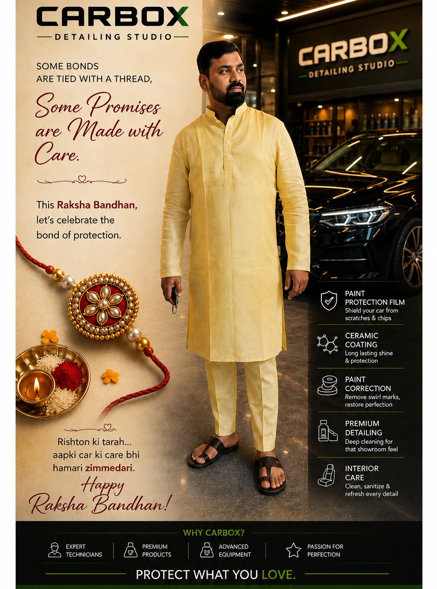 TereseApker's tweet photo. Some bonds are tied with a thread. Some promises are made with care. This Raksha Bandhan, celebrate protection, trust and care. At CARBOX Detailing Studio, every car deserves lasting protection and precision. Protect what you love. https://t.co/xvOyC6QI3D