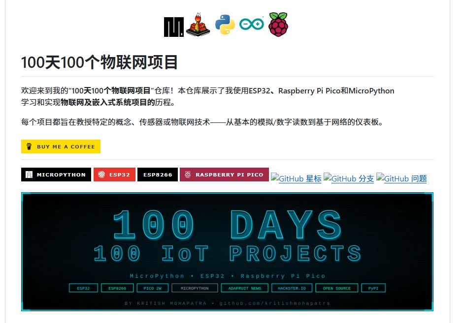 XAMTO_AI's tweet photo. IoT 入门常缺成套小例子。

这个仓是作者的 100 天挑战：ESP32、ESP8266、Pico 上用 MicroPython，从读传感器到网页仪表盘都有，不少带代码和接线图。

DHT11、PIR、超声波这些常见模块能翻到，ADC、PWM、Wi-Fi、部分项目有 Wokwi。Hackster 介绍过，Adafruit 通讯里也出现过。

传送https://t.co/J29TpxrSg6