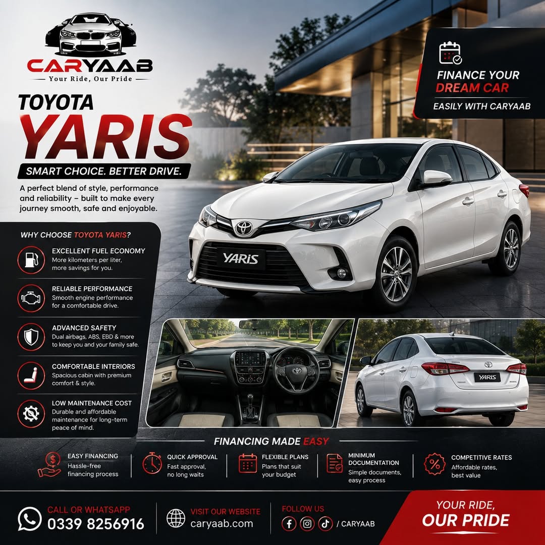 DoreathaShym's tweet photo. Smart Choice. Better Drive. Finance your dream Toyota Yaris with Caryaab. Smooth performance, spacious interiors, top-tier safety, flexible plans, quick approval, and minimal documentation. Your Ride, Our Pride. https://t.co/anZGVFOGFC