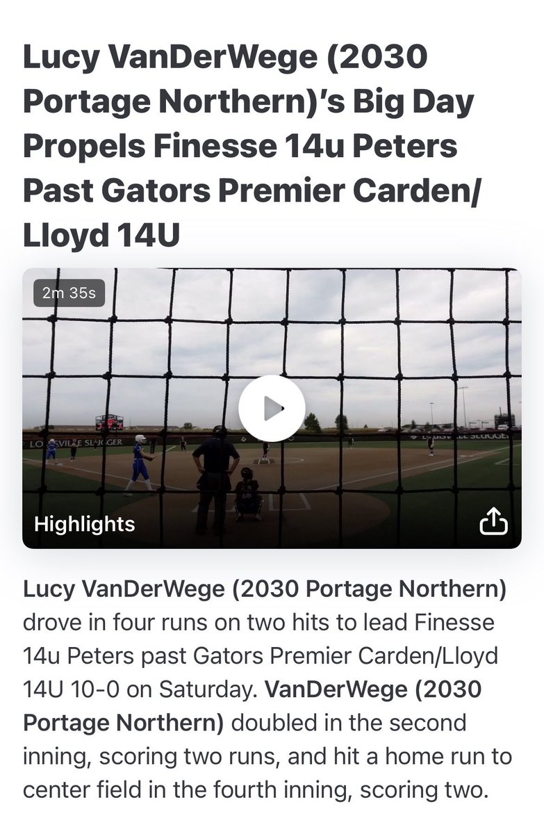 LucyV2030's tweet photo. Finesse went 3-0 in pool play at LP4U today in Peoria! My teammates played great, and I was seeing the ball well at the plate going 4-7 with a home run and 3 doubles! Bracket tomorrow! https://t.co/CprRh1kTEa