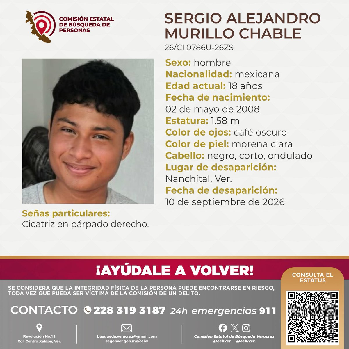 cebver's tweet photo. Solicitamos su colaboración para localizar al C. Sergio Alejandro Murillo Chable, cualquier información, contactar al número y/o correo que aparecen al margen de este boletín. https://t.co/MQPmBJZjJZ