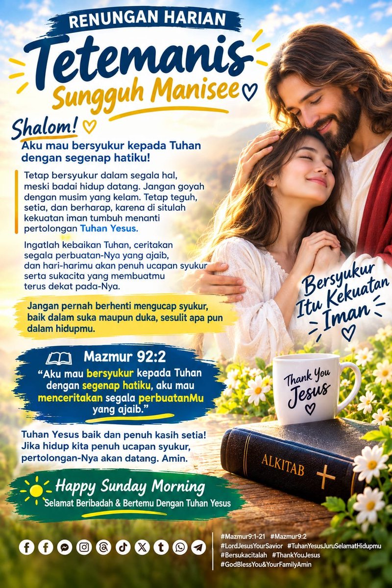 lemuel_marthen's tweet photo. RENUNGAN HARIAN TETEMANIS SUNGGUH MANISEE

Shalom! Aku mau bersyukur kepada Tuhan dengan segenap hatiku!
.
#Mazmur9:1-21
#Mazmur9:2
#LordJesusYourSavior
#TuhanYesusJuruSelamatHidupmu
#HappySundayMorning

               https://t.co/YOacMTGF7E https://t.co/raqSBPsA97