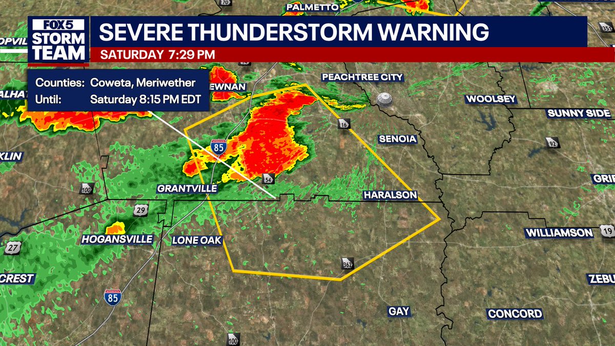 JoanneFOX5's tweet photo. A Severe T-Storm Warning has been issued for Coweta, Meriwether until 9/19 8:15PM. https://t.co/Pzccpx08y7