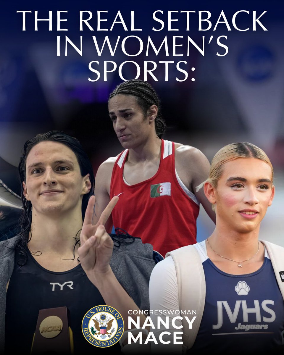 RepNancyMace's tweet photo. The real setback in women's sports is not Sydney Sweeney's provocative ad for a sports betting company. It's the biological men who are being allowed to compete against women. 

Taking away their titles, scholarships, trophies, safety and overall sense of autonomy.

Men have no place in women's sports. Let's talk about it.