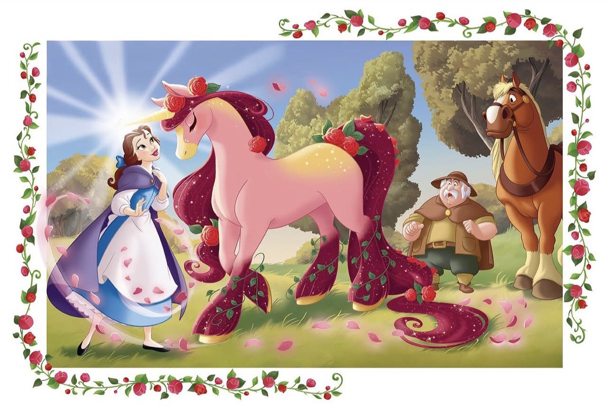 desolatist's tweet photo. belle reading to her stunning rose themed unicorn i’m obsessed https://t.co/6RBINRwgg0