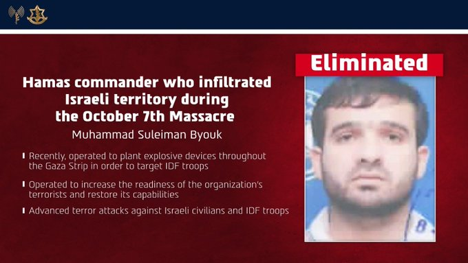 VividProwess's tweet photo. BREAKING: Muhammad Byouk, a commander in Hamas’ military wing, was successfully eliminated by the IDF in Gaza.

This monster invaded Israel on October 7.

This evil terrorist is now dead. https://t.co/xErzvk1qMk