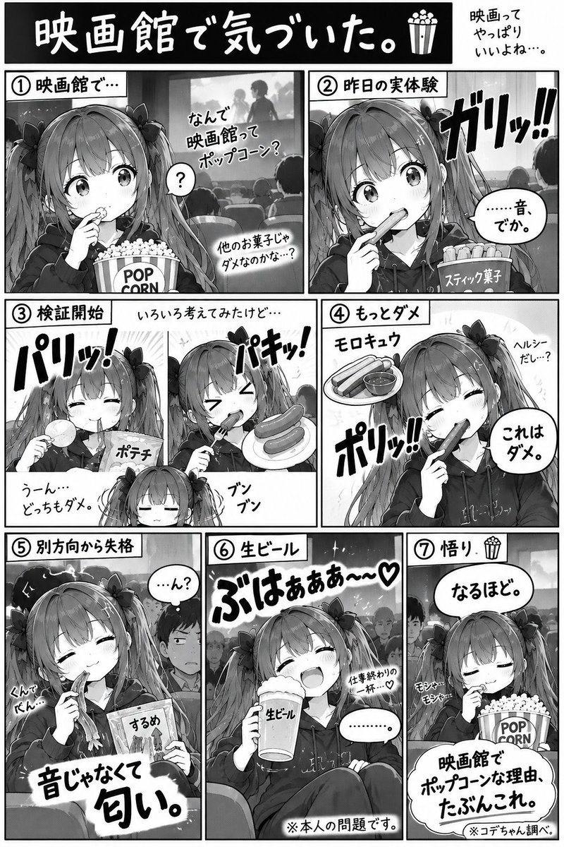 project_if_jp's tweet photo. 昨日、映画館でじゃがりこ食べてて気づいた。

「ガリッ！！」

……映画館でポップコーンが愛される理由、
たぶんこういうことなんじゃないかと思う🍿
なお、モロキュウとスルメは別の理由でダメでした。
生ビールは本人の問題です🍺

#コデちゃん #映画館 https://t.co/DJgFljleuC
