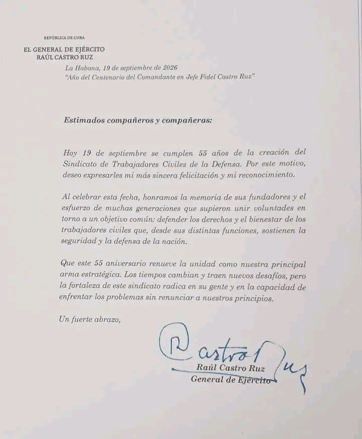 alfonso_noya's tweet photo. Nos sumamos a la felicitación del General de Ejército Raúl Castro Ruz al Sindicato de Trabajadores de la Defensa en su Aniversario 55: "la fortaleza de este sindicato radica en su gente y en la capacidad de enfrentar los problemas sin renunciar a nuestros principios".
#Cuba 🇨🇺 https://t.co/O8jPA2tiO1